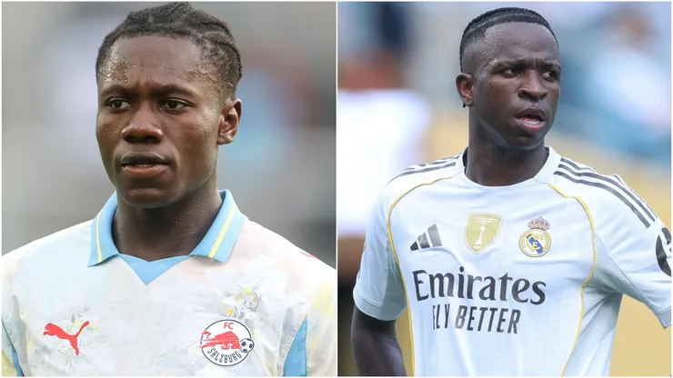 Edmund Baidoo #20 of RB Salzburg and Vinicius Junior #07 of Real Madrid.