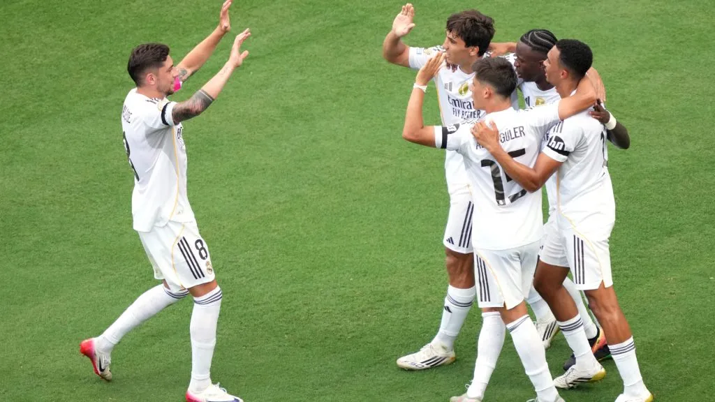 Arda Gueler #15 of Real Madrid C. F. celebrates scoring his team’s second goal with his teammates during the FIFA Club World Cup 2025. (Michael Owens/Getty Images)