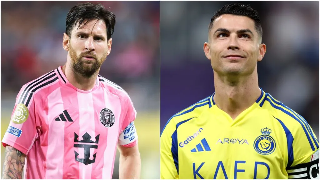 Lionel Messi #10 of Inter Miami CF and Cristiano Ronaldo #7 of Al Nassr.