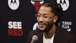 Former Chicago Bulls star Derrick Rose addresses the media before a game between the Chicago Bulls and the New York Knicks