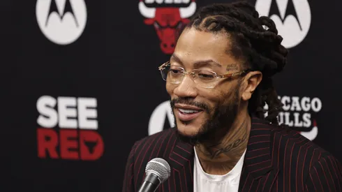 Former Chicago Bulls star Derrick Rose addresses the media before a game between the Chicago Bulls and the New York Knicks