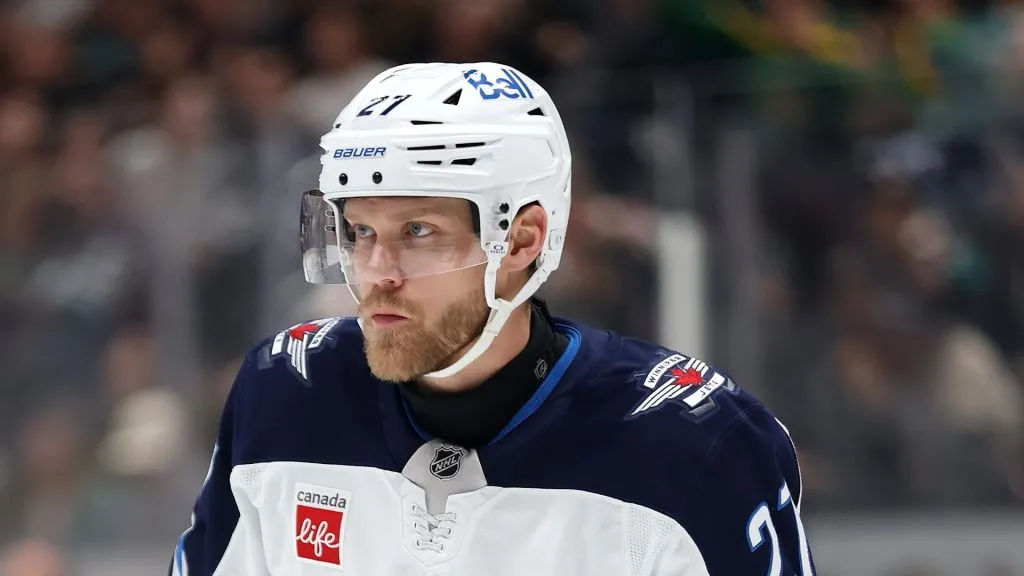 Nikolaj Ehlers #27 of the Winnipeg Jets looks on during the third period of a game against the Anaheim Ducks