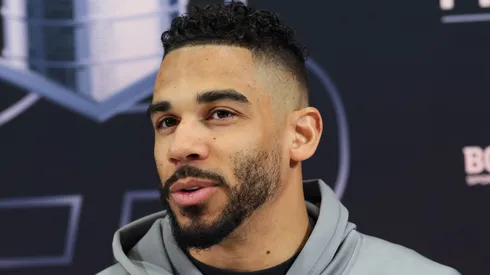 Evander Kane #91 of the Edmonton Oilers speaks with the media prior to the start of the 2025 NHL Stanley Cup Final against the Florida Panthers at Rogers Place on June 03, 2025 in Edmonton, Alberta.