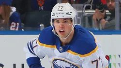 JJ Peterka #77 of the Buffalo Sabres skates against the New York Islanders at UBS Arena on November 30, 2024 in Elmont, New York.