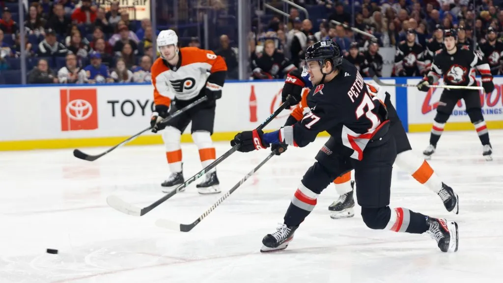 JJ Peterka #77 with the Buffalo Sabres shoots the puck against the Philadelphia Flyers at KeyBank Center during the second period at KeyBank Center on April 17, 2025 in Buffalo, New York. (Photo by Rebecca Villagracia/Getty Images)