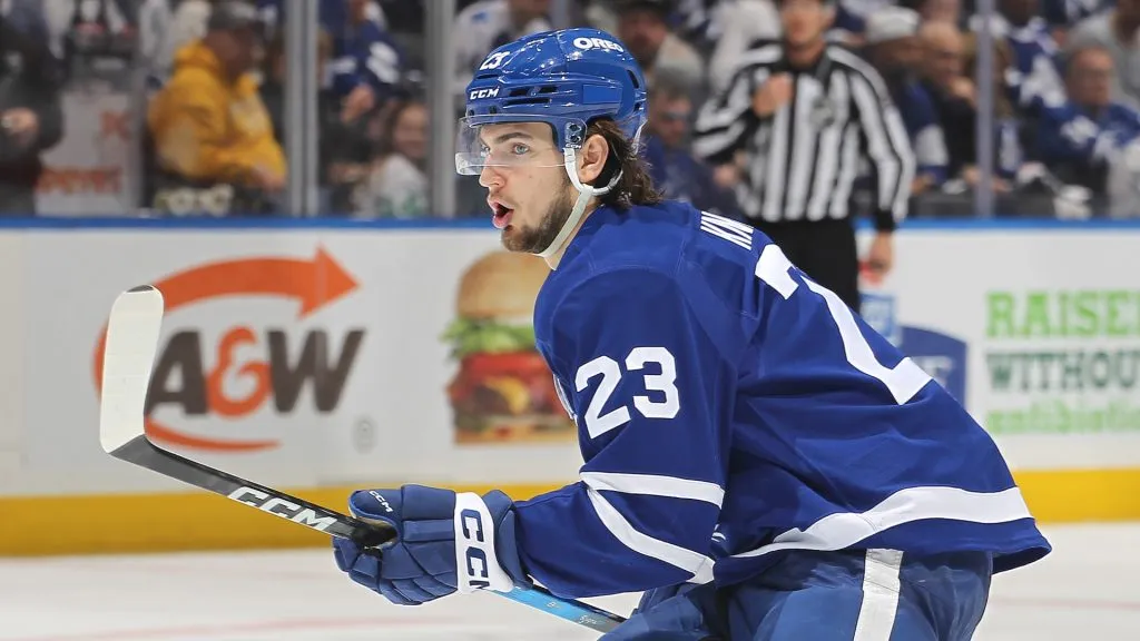 Matthew Knies #23 of the Toronto Maple Leafs skates against the Florida Panthers during the third period in Game Seven of the Second Round of the 2025 Stanley Cup Playoffs at Scotiabank Arena on May 18, 2025 in Toronto, Ontario, Canada. (Photo by Claus Andersen/Getty Images)