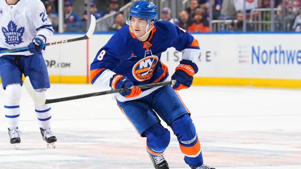 Noah Dobson #8 of the New York Islanders skates during the second period the game against the Toronto Maple Leafs on January 2, 2025 at UBS Arena in Elmont, New York (Photo by Rich Graessle/Getty Images)