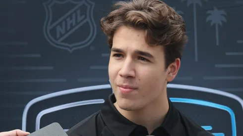 Michael Misa speaks with the media during the National Hockey League Top Prospects Media Availability at the JW Marriott LA Live on June 26, 2025 in Los Angeles, California
