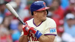 J.T. Realmuto #10 of the Philadelphia Phillies is hit by a pitch in the fourth inning to load the bases during a game against the Toronto Blue Jays at Citizens Bank Park on June 14, 2025.