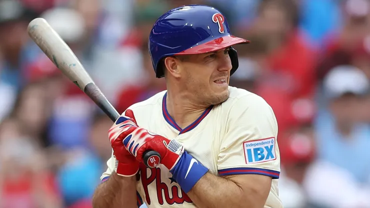 J.T. Realmuto #10 of the Philadelphia Phillies is hit by a pitch in the fourth inning to load the bases during a game against the Toronto Blue Jays at Citizens Bank Park on June 14, 2025.
