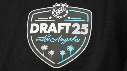 A close up view of the NHL Draft logo photographed during the National Hockey League Top Prospects Media Availability at the JW Marriott LA Live on June 26, 2025.