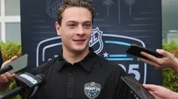 James Hagens speaks with the media during the National Hockey League Top Prospects Media Availability at the JW Marriott LA Live on June 26, 2025.