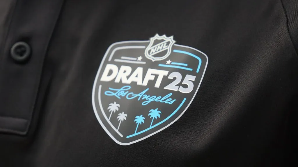 A close up view of the NHL Draft logo photographed during the National Hockey League Top Prospects Media Availability at the JW Marriott LA Live on June 26, 2025. (Source: Bruce Bennett/Getty Images)