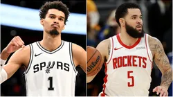 Victor Wembanyama #1 of the San Antonio Spurs and Fred VanVleet #5 of the Houston Rockets.