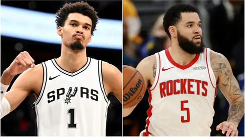 Victor Wembanyama #1 of the San Antonio Spurs and Fred VanVleet #5 of the Houston Rockets.