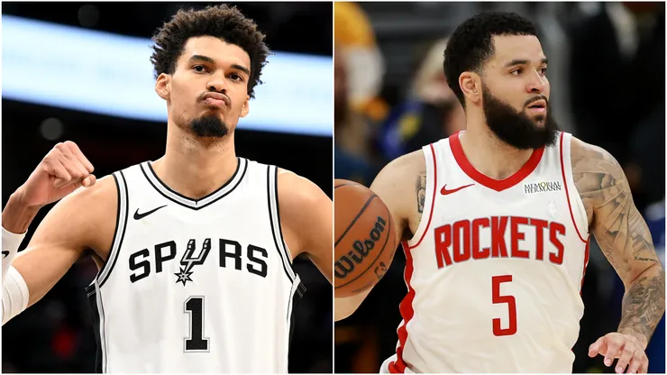 Victor Wembanyama #1 of the San Antonio Spurs and Fred VanVleet #5 of the Houston Rockets.