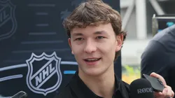 Matthew Schaefer speaks with the media during the National Hockey League Top Prospects Media Availability at the JW Marriott LA Live on June 26, 2025.