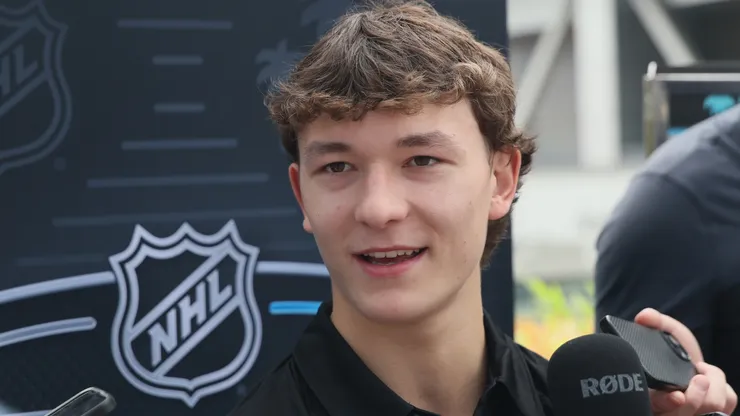 Matthew Schaefer speaks with the media during the National Hockey League Top Prospects Media Availability at the JW Marriott LA Live on June 26, 2025.