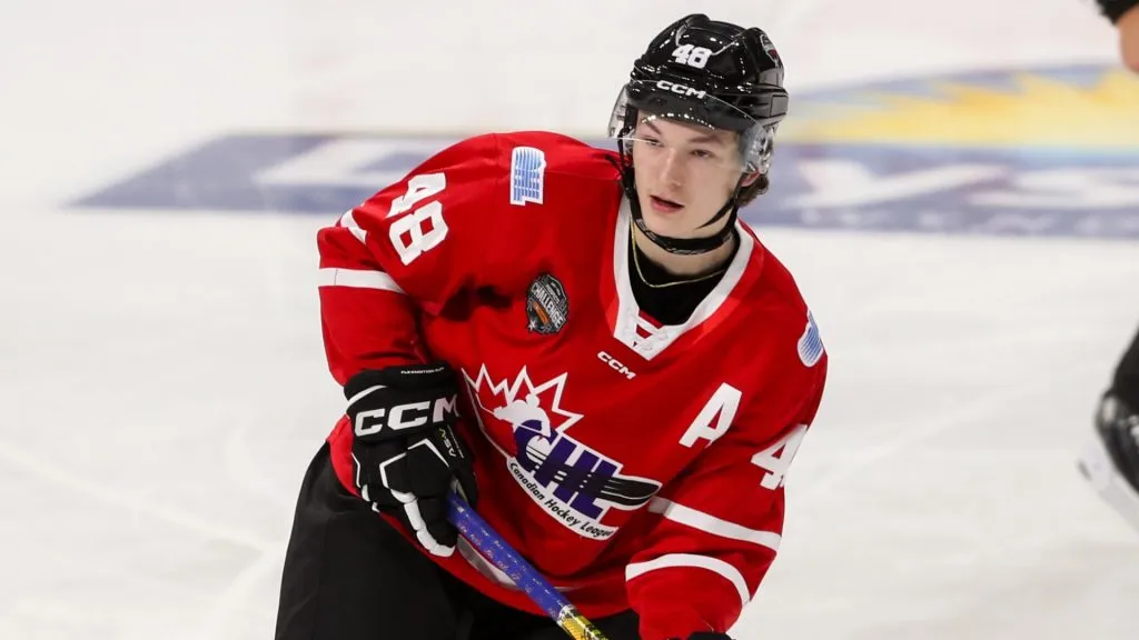 Defenceman Matthew Schaefer #48 of Team CHL during the CHL USA Prospects Challenge at Canada Life Place on November 26, 2024. (Source: Dennis Pajot/Getty Images)