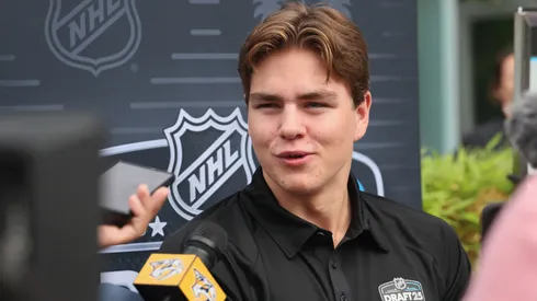 Anton Frondell speaks with the media during the National Hockey League Top Prospects Media Availability at the JW Marriott LA Live on June 26, 2025.