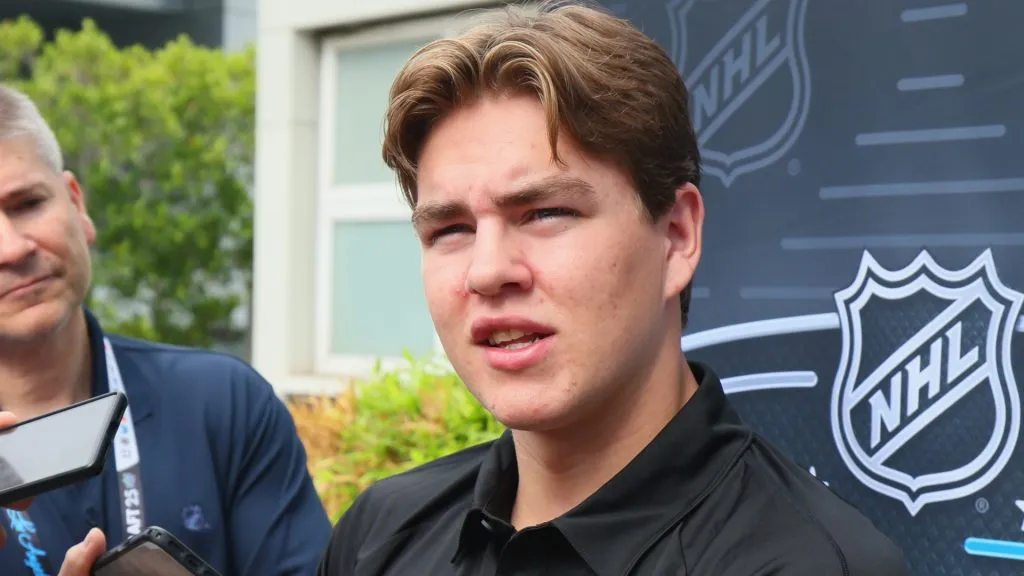 Anton Frondell speaks with the media during the National Hockey League Top Prospects Media Availability at the JW Marriott LA Live on June 26, 2025. (Source: Bruce Bennett/Getty Images)
