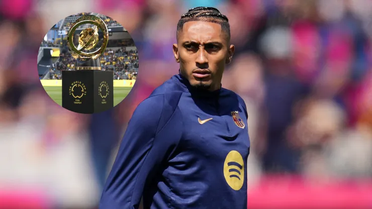 Raphinha of FC Barcelona and FIFA Club World Cup trophy.