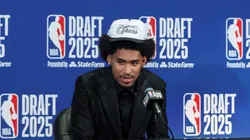 Dylan Harper of the San Antonio Spurs speaks to the media after being drafted second overall during the 2025 NBA Draft