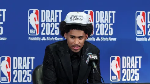 Dylan Harper of the San Antonio Spurs speaks to the media after being drafted second overall during the 2025 NBA Draft