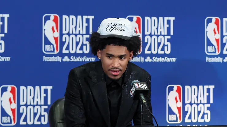 Dylan Harper of the San Antonio Spurs speaks to the media after being drafted second overall during the 2025 NBA Draft