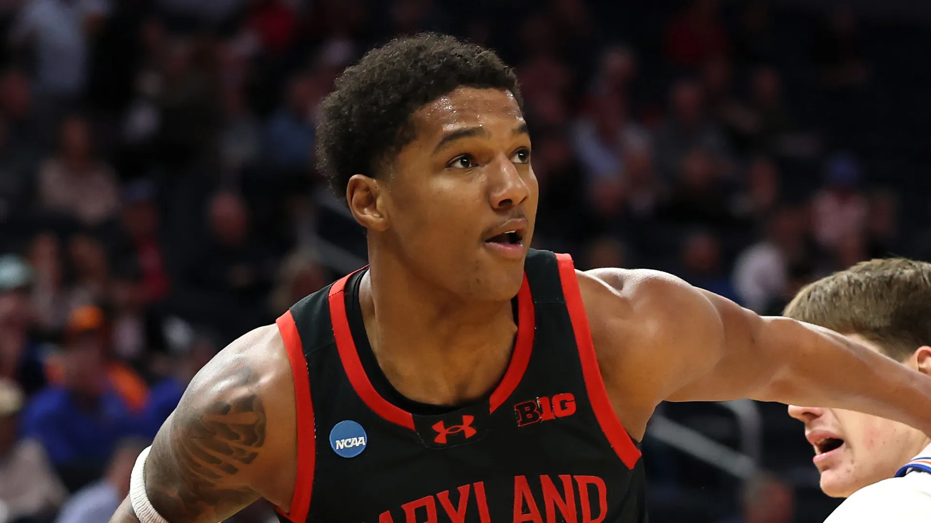 Julian Reese #10 of the Maryland Terrapins drives to the basket against the Florida Gators during the first half in the West Regional Sweet Sixteen round of the NCAA Men’s Basketball Tournament