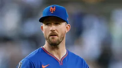 Griffin Canning #46 of the New York Mets reacts as he leaves the mound after a three up three down inning during the first inning against the Los Angeles Dodgers at Dodger Stadium on June 04, 2025 in Los Angeles, California.