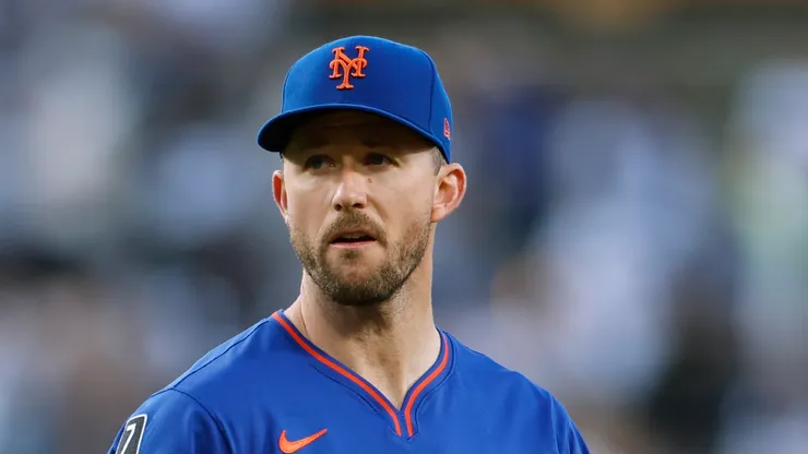 Griffin Canning #46 of the New York Mets reacts as he leaves the mound after a three up three down inning during the first inning against the Los Angeles Dodgers at Dodger Stadium on June 04, 2025 in Los Angeles, California.