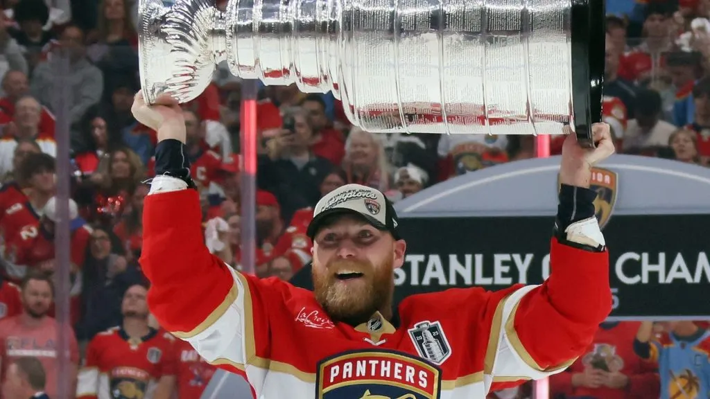 Sam Bennett #9 of the Florida Panthers celebrates with the Stanley Cup following the Cup win against the Edmonton Oilers in Game Six of the 2025 NHL Stanley Cup Final at Amerant Bank Arena on June 17, 2025 in Sunrise, Florida. (Photo by Bruce Bennett/Getty Images)