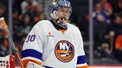 Ilya Sorokin #30 of the New York Islanders looks on during a game against the Philadelphia Flyers at the Wells Fargo Center on January 30, 2025 in Philadelphia, Pennsylvania.