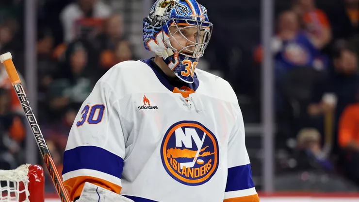 Ilya Sorokin #30 of the New York Islanders looks on during a game against the Philadelphia Flyers at the Wells Fargo Center on January 30, 2025 in Philadelphia, Pennsylvania.