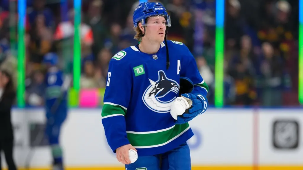 Brock Boeser #6 of the Vancouver Canucks looks on after their final regular season NHL game against the Vegas Golden Knights at Rogers Arena on April 16, 2025 in Vancouver, Canada. (Photo by Derek Cain/Getty Images)