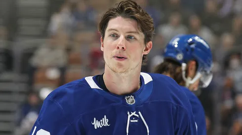 Mitchell Marner #16 of the Toronto Maple Leafs takes a breather against the Montreal Canadiens during the first period in an NHL game at Scotiabank Arena on April 12, 2025.