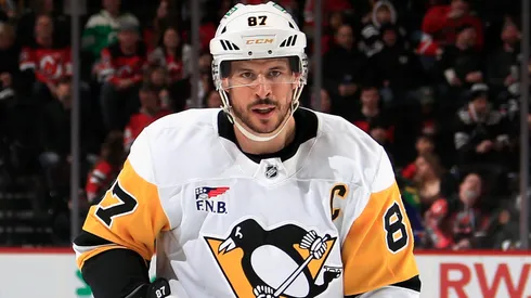 Sidney Crosby #87 of the Pittsburgh Penguins skates against the New Jersey Devils at Prudential Center on April 11, 2025 in Newark, New Jersey.
