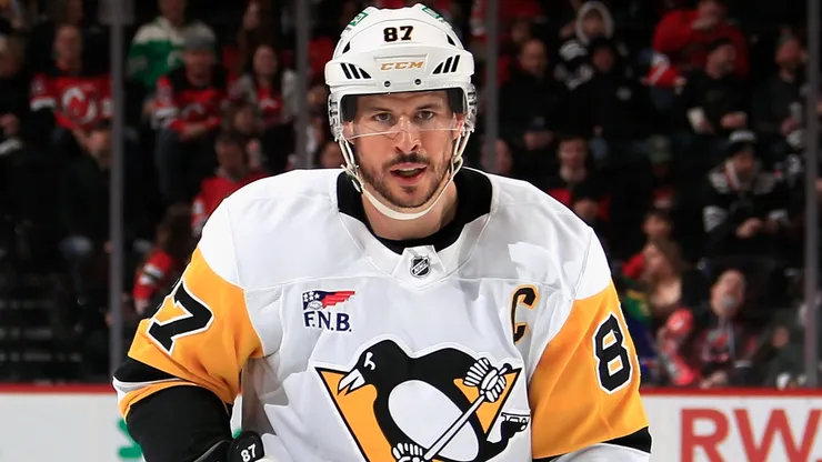 Sidney Crosby #87 of the Pittsburgh Penguins skates against the New Jersey Devils at Prudential Center on April 11, 2025 in Newark, New Jersey.