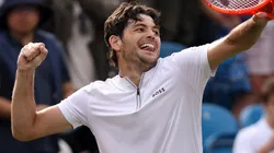 Taylor Fritz of United States celebrates winning championship point against Jenson Brooksby of United States.