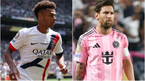 Desire Doue #14 of Paris Saint-Germain and Lionel Messi #10 of Inter Miami CF.
