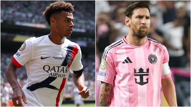 Desire Doue #14 of Paris Saint-Germain and Lionel Messi #10 of Inter Miami CF.