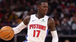 Dennis Schroder #17 of the Detroit Pistons plays against the Denver Nuggets at Little Caesars Arena on February 28, 2025 in Detroit, Michigan.