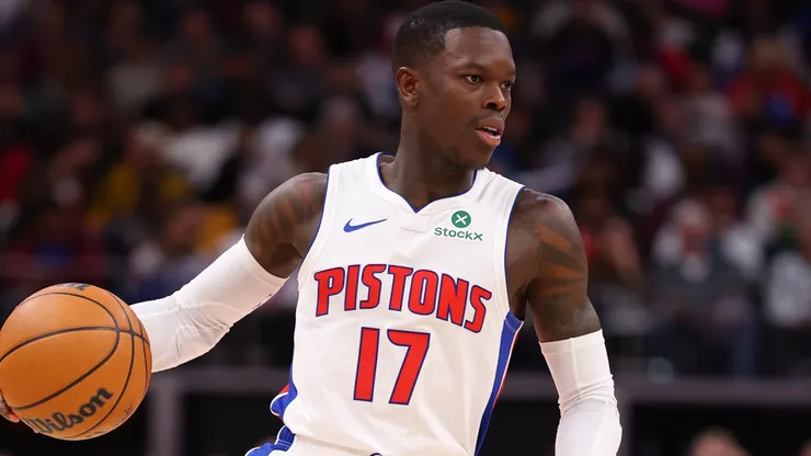 Dennis Schroder #17 of the Detroit Pistons plays against the Denver Nuggets at Little Caesars Arena on February 28, 2025 in Detroit, Michigan.
