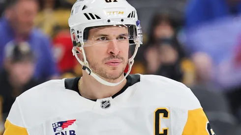 Sidney Crosby #87 of the Pittsburgh Penguins waits for a faceoff in the second period of a game against the Vegas Golden Knights at T-Mobile Arena on March 07, 2025 in Las Vegas, Nevada. The Golden Knights defeated the Penguins 4-0.