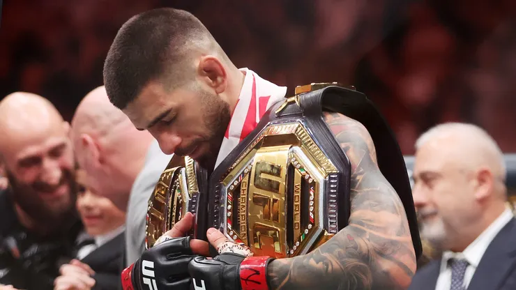 Ilia Topuria of Georgia looks on after knocking out Charles Oliveira of Brazil to win the lightweight main event title in the first round during UFC 317 at T-Mobile Arena on June 28, 2025 in Las Vegas, Nevada.