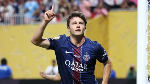 Joao Neves #87 of Paris Saint-Germain celebrates scoring his team's first goal during the FIFA Club World Cup 2025 round of 16 match between Paris Saint-Germain and Inter Miami CF