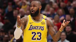 LeBron James #23 of the Los Angeles Lakers reacts against the Chicago Bulls.