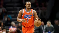 Dillon Jones #3 of the Oklahoma City Thunder brings the ball up court during the first half of the game against the Charlotte Hornets at Spectrum Center on December 28, 2024 in Charlotte, North Carolina.