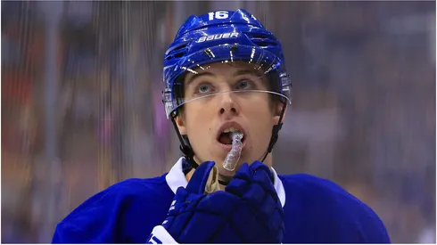 Mitchell Marner #16 of the Toronto Maple Leafs looks up to the scoreboard during an NHL preseason game against the Montreal Canadiens at Air Canada Centre on October 2, 2016 in Toronto, Canada.